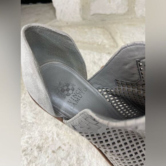 Vince Camuto Fritzey grey suede laser woven accent open toe booties sz 10 - Picture 8 of 10